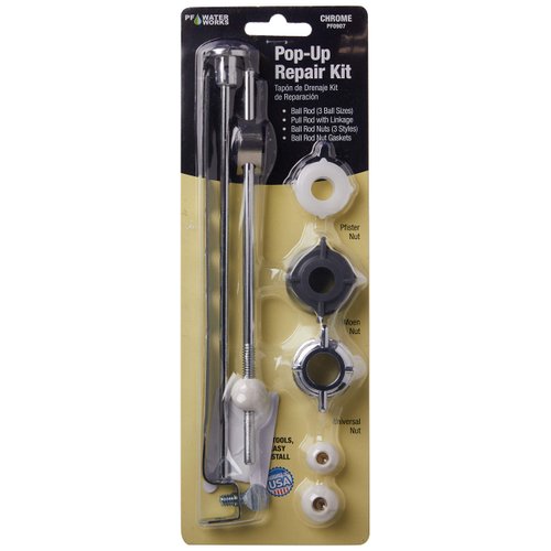 PF WaterWorks PF0907 Pop-Up Drain Repair Kit - Threaded Adjustable Center Pivot/Ball Rod with 3 Nuts, Gasket, 3 Sizes of Balls, with Pull Rod/Linkage, Chrome