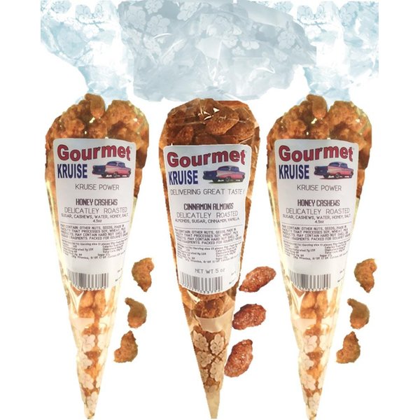 Cashews (2) Honey Salted Roasted Delicately (1) Almonds Cinnamon Roasted Delicately (NET WT 14 OZ) Gourmet Kruise Signature Gift Bags