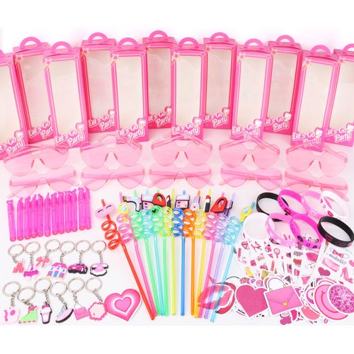 We1stdsee 132Pcs Pink Girls Party Favors Pack, Goodie Box Stuffers Includ Heart Glasses Straws Bubble Wands Tattoo Sticker Bracelet Keychain Etc, for Kids Girls Birthday Party decoration Supplies