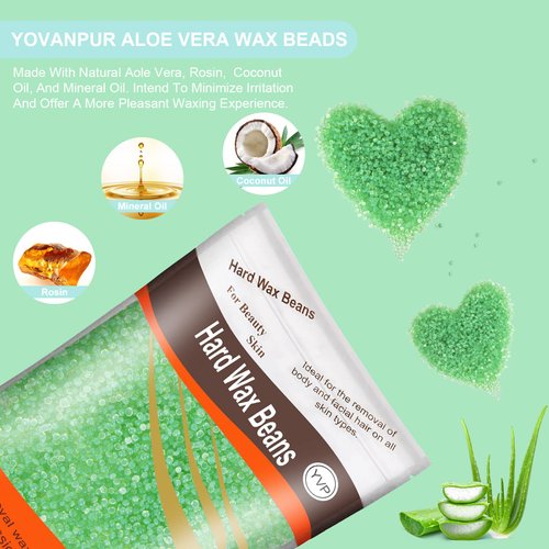 Yovanpur Hard Wax Beads for Brazilian Waxing, At Home Pearl Wax for Bikini, Face, Eyebrow, Legs - 300g (10 Oz) with 10 Wax Spatulas (Light Green-Aloe)