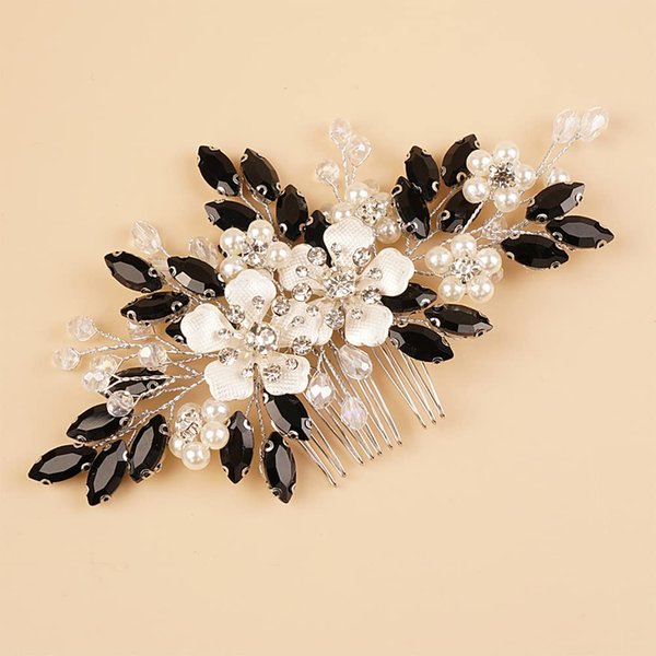 Kercisbeauty Black Crystal Silver Hair Comb Wedding Bridal Hair Accessories with Rhinestones Shiny Handmade Jewelry for Women Girls (Black)