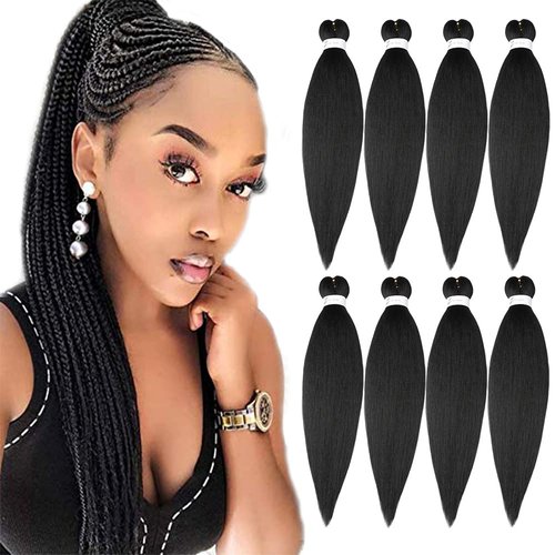 Pre-Stretched Braiding Hair Extensions Black - 18''-8 Packs Synthetic Crochet Braids, Natural Braid Crochet Hair, Hot Water Setting Professional Soft Yaki Texture (18inch,1B)