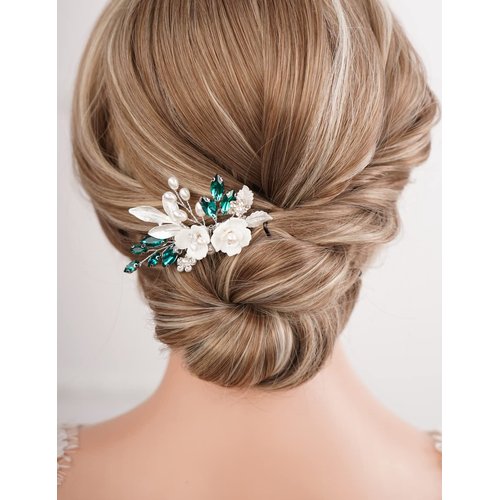 Missgrace Bride Wedding Crystal Pearl Leaf Rhinestones Hair Comb Green Bridal Hair Pieces Rhinestone Bridal Hair Clip Flower Hair Side Combs Wedding Hair Accessories for Brides Women (Silver) (Silver Green)