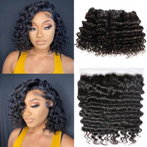 Deep Wave Bundles with Frontal 13x4 Lace Frontal With Bundles 100% Unprocessed Virgin Human Hair 4 Bundles With HD Frontal Brazilian Hair Extensions Natural Color (10 10 10 10+10)