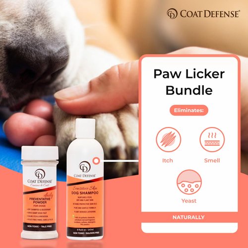 COAT DEFENSE Paw Licker Bundle | Dry Powder for Dogs & Sensitive Skin Dog Shampoo for Allergies and Itching | Smell & Itch Relief for Dogs | Itchy Skin Relief & Yeast Infection Treatment for Dogs