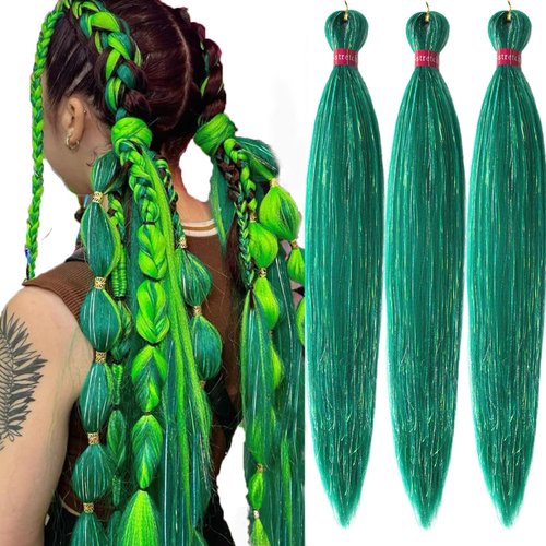 Yuzshuooxin Green Tinsel Braiding Hair Pre Stretched 26 Inch Kanekalon Braiding Hair Extensions 3 Packs Synthetic Fiber Hair for Braids