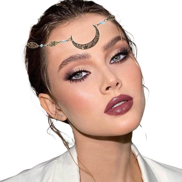 Tgirls Boho Crescent Moon Headbands Crystal Head Chain Vintage Hair Acessories for Women and Girls (Bronze-2)
