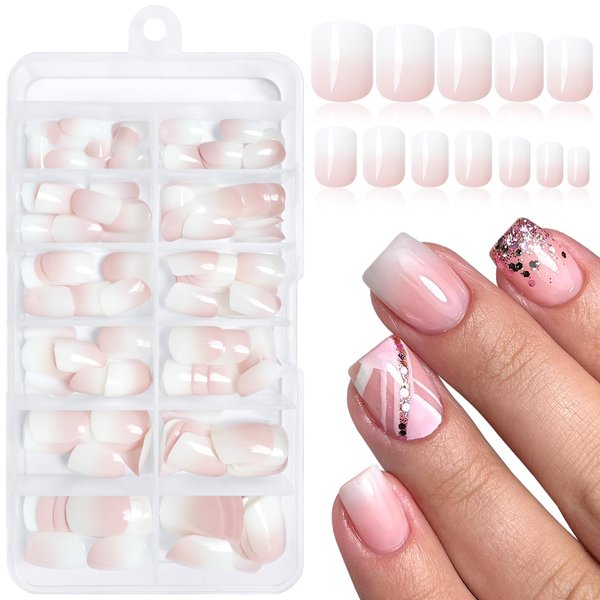 LoveOurhome 144pc Short Square Press on Nails Fake Nails Ombre Glue on Nails White Pink Ombre Pink Press on Nails Short False Nail Artificial Fingernails Women Stick on Nails with Glue Adhesive Tabs