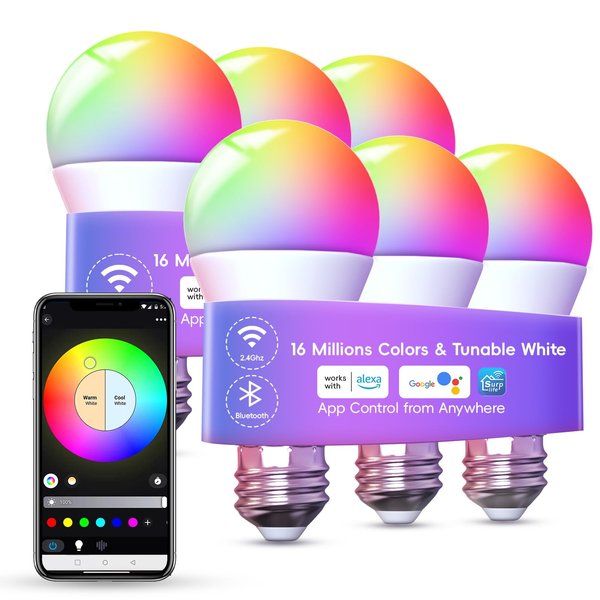 Dawwee Color Changing LED Light Bulb App Control 9 W 60 watt Equivalent, 2.4Ghz WiFi and Bluetooth 1200LM Smart Light Bulbs That Compatible with Alexa Google, E26 E27 B22 LED Light Bulb, 6 Pack