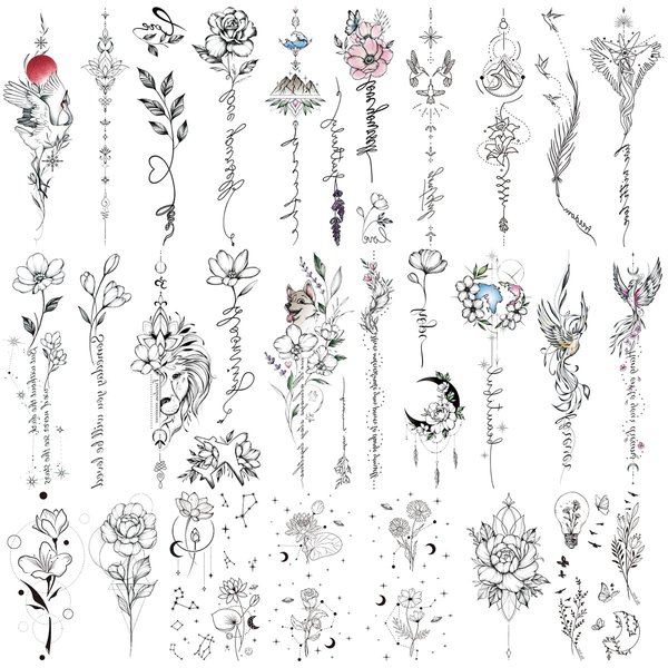 Oottati Waterproof Temporary Tattoo 10 Sheets of Simple Flower Leaf Moon Line Drawing Suit for Back Arm Women and 7 Sheets of Small Flower