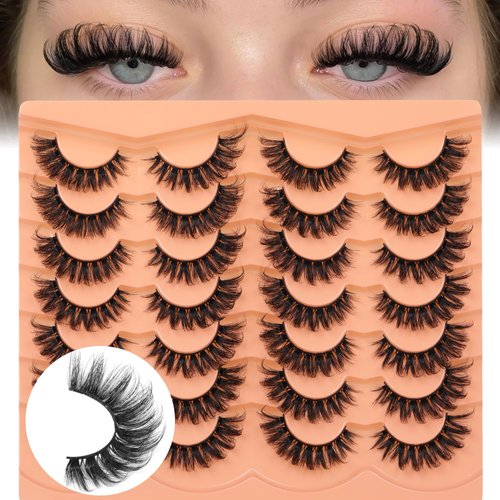 Natural Mink Lashes Fluffy D Curl False Eyelashes 6D Volume Cat Eye Lashes Wispy Faux Mink Eyelashes Curly Fake Lashes 14 Pairs Pack by Eefofnn