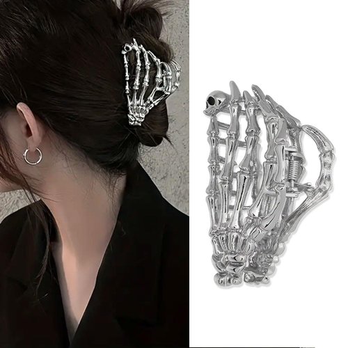 Bone Hand Hair Clips Silver Metal Halloween Hair Accessories for Women Girls Playful Skull Skeleton Hand Hair Claw Clips Hairpins Strong Hold Nonslip Hair Clip for Day of the Dead Decoration 1 Pcs