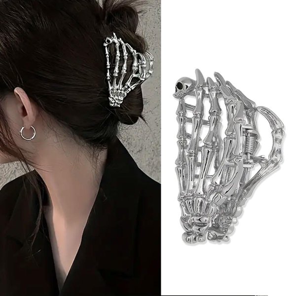 Bone Hand Hair Clips Silver Metal Halloween Hair Accessories for Women Girls Playful Skull Skeleton Hand Hair Claw Clips Hairpins Strong Hold Nonslip Hair Clip for Day of the Dead Decoration 1 Pcs