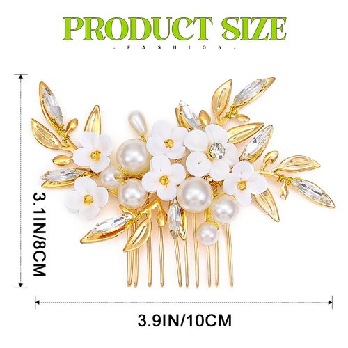 GENBREE Pearl Bride Wedding Hair Comb Gold Leaf Flower Hair Piece Crystal Bridal Hair Accessories for Women