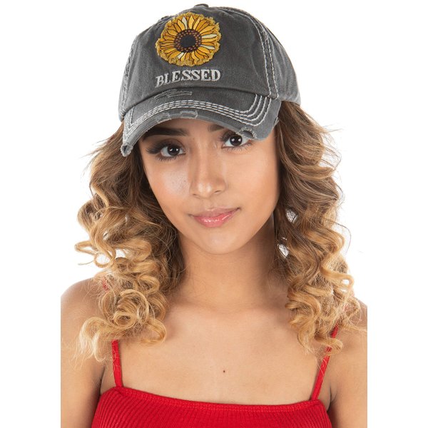 Funky Junque Womens Baseball Cap Distressed Vintage Unconstructed Embroidered Patch Hat (Blessed w/Sunflower - Black)