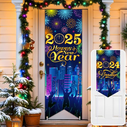 2025 Happy New Year Door Cover Neon Happy New Year 2025 Door Banner 2025 New Year Party Decorations Colorful Firework New Year Eve Party Supplies Double Sided 2024 Good Bye Backdrop for Indoor Outdoor