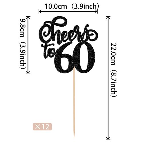 12 PCS Cheers to 60 Centerpiece Sticks Double Sided Glitter 60th Birthday Cake Toppers Number 60 Centerpieces Table Flower Topper Decorations for 60th Birthday Party Centerpiece Supplies Black