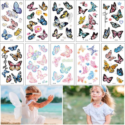 10 Sheets Butterflies and Flowers Temporary Tattoos for Kids,Fake Tattoo Stickers for Women Girls Party Favors Supplies,Cute Waterproof Butterfly Cartoon Stickers
