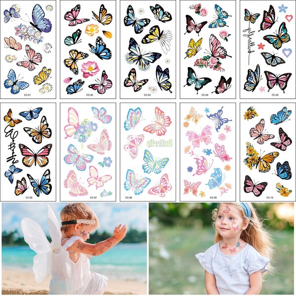 10 Sheets Butterflies and Flowers Temporary Tattoos for Kids,Fake Tattoo Stickers for Women Girls Party Favors Supplies,Cute Waterproof Butterfly Cartoon Stickers