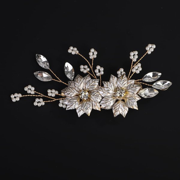 BERYUAN Gold Leaves Flower Pearls Hair Clips Gold Wedding Hair Clips Wedding Bridal Hair Clips Pearls Rhinestone Bridal Hairpiece for Brides Bridesmaid Girls