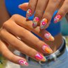 Medium Almond Press on Nails Pink Fake Nails French Tips False Nails with Rainbow Colorful Swirls Flower Pattern Designs Summer Acrylic Stick on Nails Artificial Glue on Nails for Women & Girls 24 Pcs