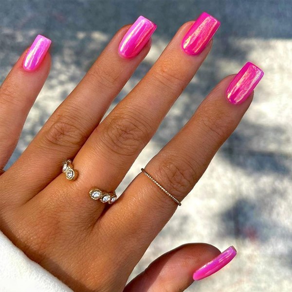 Hot Pink Press on Nails Medium Square Fake Nails Chrome Shiny Nail False Nails Aurora Solid Color Stick on Nails Full Cover Glitter Acrylic Coffin Nails Glue on Nails for Women Girls Manicure 24Pcs