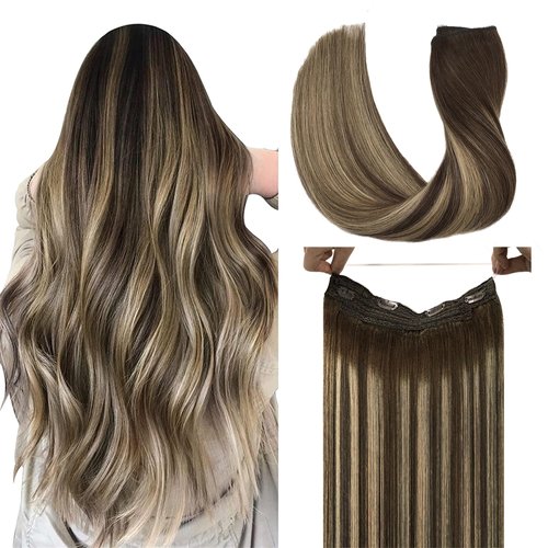 DOORES Human Hair Extensions Wire Hair Balayage Chocolate Brown to Honey Blonde 75g Hair Extensions Straight Wire Extensions Hairpiece with Transparent Fish Line 14 Inch