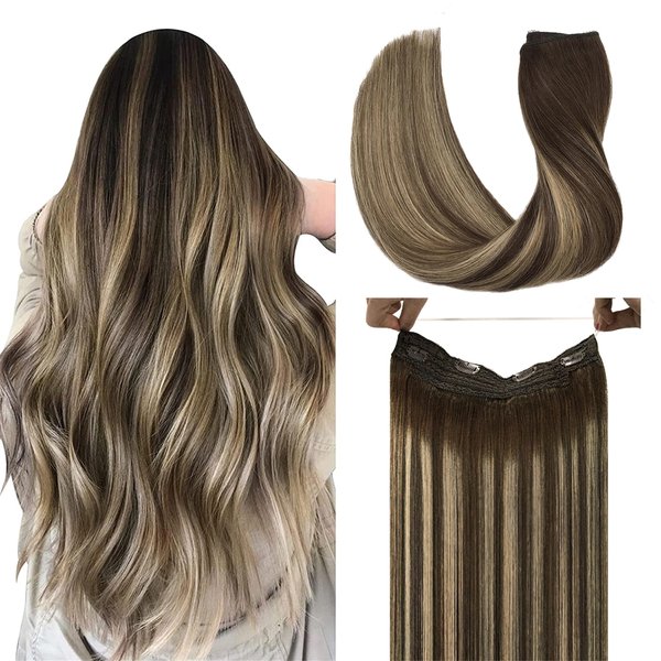 DOORES Human Hair Extensions Wire Hair Balayage Chocolate Brown to Honey Blonde 75g Hair Extensions Straight Wire Extensions Hairpiece with Transparent Fish Line 14 Inch