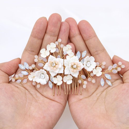 Oriamour Handmade Wedding Hair Comb Bridal Hair Accessories With Ceramics Flower,Flower Bridal Hair Clip Side Combs Hair Pieces for Wedding (Gold)