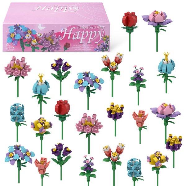 KOPHINYE Valentine Day Gifts for Kids Classroom, 24 Pack Valentines Flower Building Blocks Toys with Cards, Valentine Exchange Gifts School Party Favors for Kids, Boys and Girls