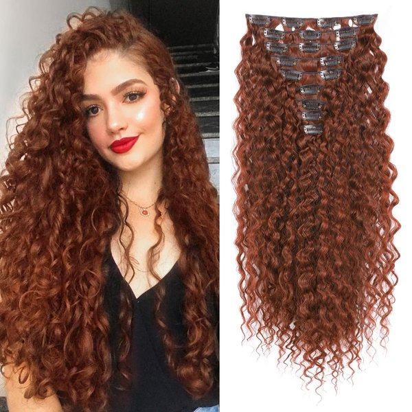 FLUFYMOOZ 9PCS Clip in Hair Extensions 22 Inch Curly Hair Extension Long Soft Synthetic Hairpieces for Women (Copper Red)