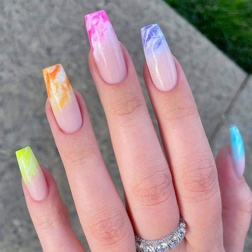 Foccna Extra Long Pink Press on Nails Luxury Fake Nails Rainbow Acrylic False Nails With Sticker Prom Women's Nails Colorful False Nail - Tips 24 pcs