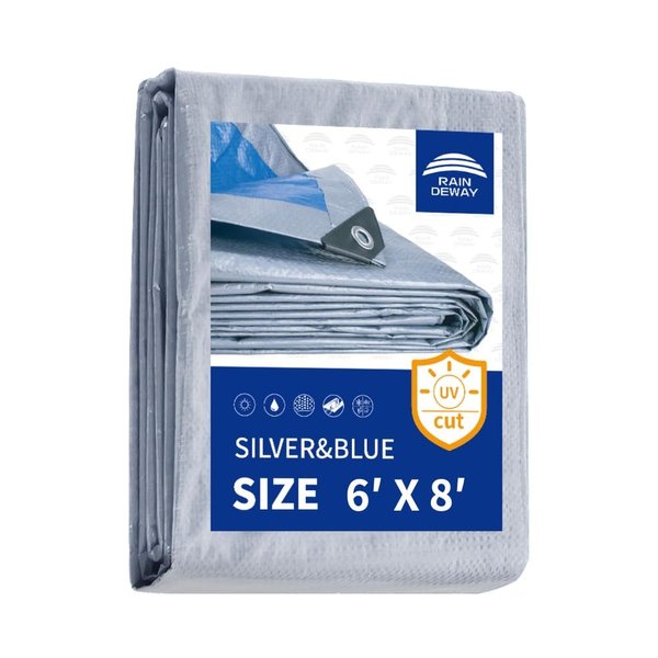 RAINDEWAY Tarps 6x8 Feet - 5.5 Mil, Multipurpose Waterproof Poly Tarp Cover with Metal Grommets and Reinforced Edges, Silver/Blue Tarp