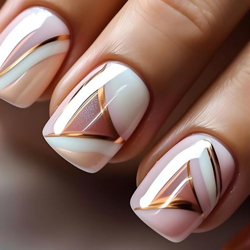 Tyuimhx 24Pcs Short Square Press on Nails Glossy Fake Nails With Gold Glitter Stripe Designs Full Cover Stick on Nails Acrylic Artificial False Nails for Women Girls Glue on Nails