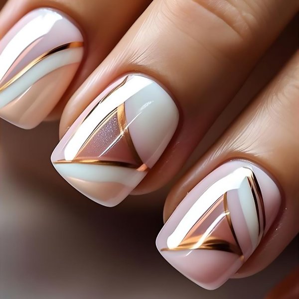 Tyuimhx 24Pcs Short Square Press on Nails Glossy Fake Nails With Gold Glitter Stripe Designs Full Cover Stick on Nails Acrylic Artificial False Nails for Women Girls Glue on Nails