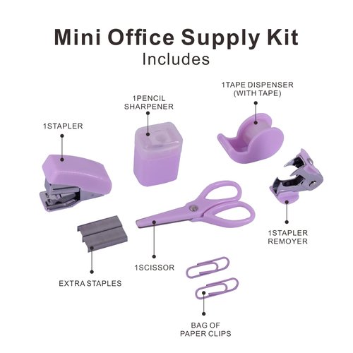 Yizocenguo Mini Office Supply Kits – Includes Mini Stapler,Scissors, Staple Remover, Staples, Tape Dispenser (Purple)