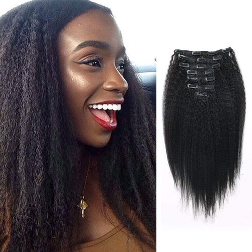 Lovrio Kinky Straight Clip In Hair Extensions Real Human Hair Remy Thick Human Hair Clip in Extensions for Black Women Natural Black 7 Pcs 17 Clips 120g 18inch Kinky Straight Human Hair Clip Ins