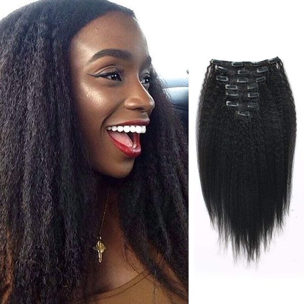 Lovrio Kinky Straight Clip In Hair Extensions Real Human Hair Remy Thick Human Hair Clip in Extensions for Black Women Natural Black 7 Pcs 17 Clips 120g 18inch Kinky Straight Human Hair Clip Ins