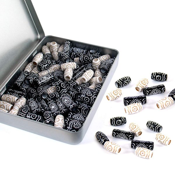 90PCS Black White Braid Dreadlock Beads Flower Paint Tube Beads Hair Jewerly Accessories for Braids Barrel Beads (Black&White)