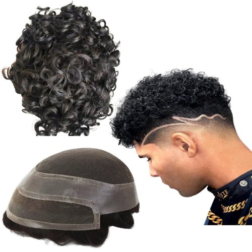 Toupee for Men Human Hair Wigs Mens Toupee European Virgin Human Hair Units Curly Wave Mens Wig Toupee Hair Real Human Replacement System for Man Hollywood Prosthesis Units 10" x 8" (#1 Jet Black)