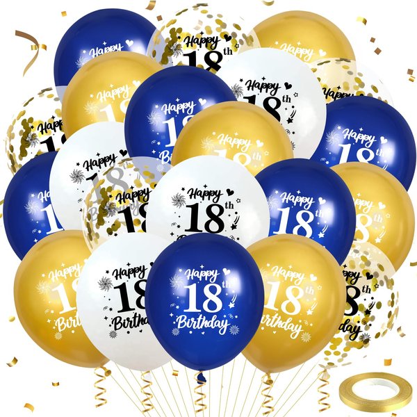 Blue Gold 18th Birthday Balloons 24Pcs Navy Blue White Gold Happy 18th Birthday Latex Balloons Blue Gold 18th Birthday Party Decorations for Boys Men 18th Birthday Anniversary Party Supplies 12Inch