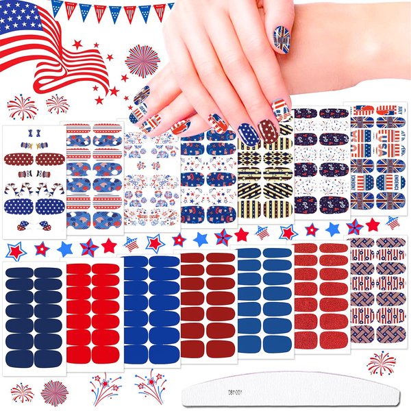 JERCLITY 14 Sheets 4th of July Nail Wraps Independence Day Nail Polish Strips Patriotic Nail Wraps American Flag Nail Strips Self-Adhesive Solid Color Nail Stickers with Nail File for Memorial Day