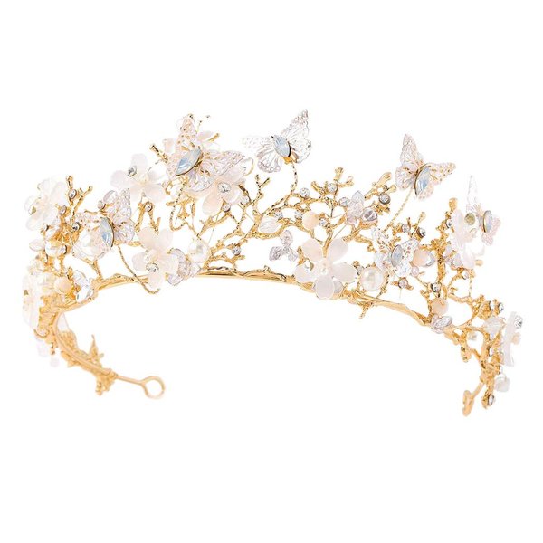 Haomye Gold Wedding Crowns Butterfly Crowns Flower Crown and Tiaras Hair Jewelry Bridal Hair Accessories for Women and Girls