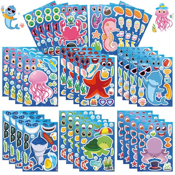 Jovial & Joyful 32 Sheets Sea Animals Make Your Own Stickers, Make a Face Sticker Sheets for Kids, Octonauts Birthday Party Supplies, Under the Sea Party Favors, Return Gifts for Birthday Party