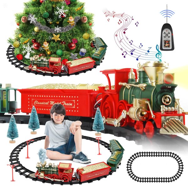 JONRRYIN Christmas Train Set, Christmas Train Sets for Under The Tree, Remote Control Train with Sounds and Light, Cargo Car and Tracks, Electric Train Toy Gift Toys