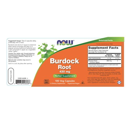 NOW Supplements, Burdock Root (Arctium lappa) 430 mg, Herbal Supplement, 100 Veg Capsules