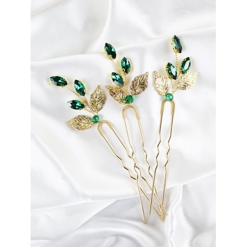 Brihasory Vintage Gold Leaves Bridal Hair Pins 3PCS Wedding Hair Pieces for Brides, Handmade Crystal Hair Clip for Women Hair Accessories, Daily Party Prom Hair Decoration Bridesmaid Gifts(Green)