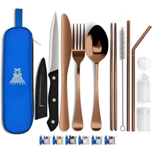 Taplord Portable Travel Silverware Set With Case - Includes 10 Pcs of Utensils, Stainless Steel Flatware For Camping, Easy to Travel, Lightweight (Rose Gold)
