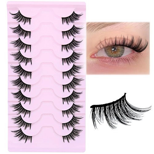 SLSXNL Half Lashes Natural Look Cat Eye 16 mm Wispy Thin Band Manga Lashes 10 Pairs False Eyelashes Cateye Half Eyelashes