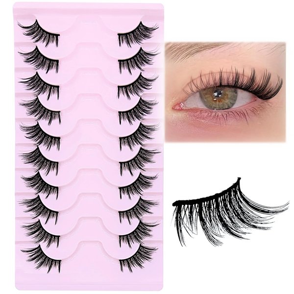 SLSXNL Half Lashes Natural Look Cat Eye 16 mm Wispy Thin Band Manga Lashes 10 Pairs False Eyelashes Cateye Half Eyelashes